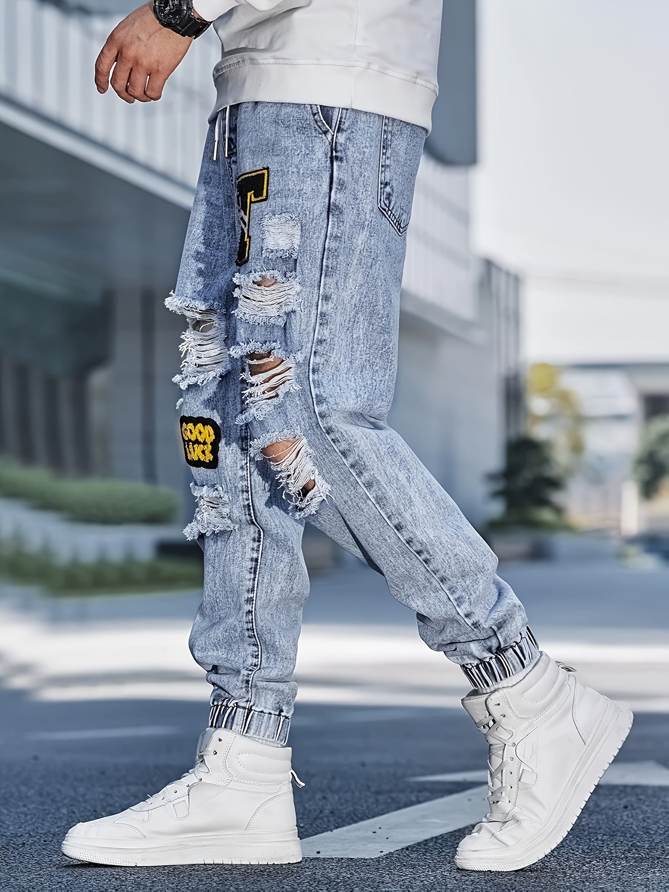 Pantalones de mezclilla sueltos  hombre con parches de rodilla rasgada