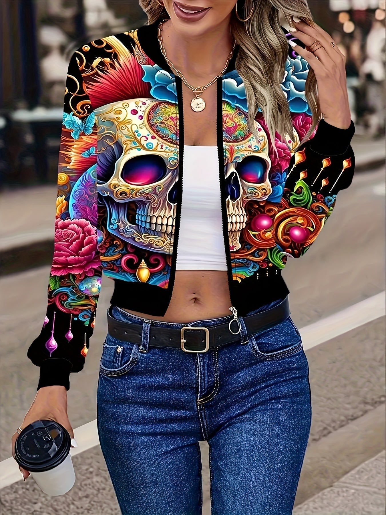 Chaqueta de piloto con cremallera y estampado de calavera mujer