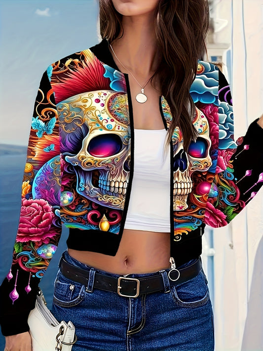 Chaqueta de piloto con cremallera y estampado de calavera mujer