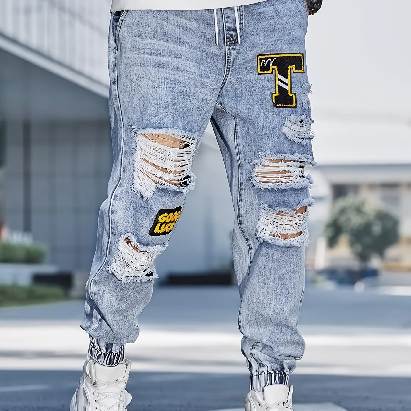 Pantalones de mezclilla sueltos  hombre con parches de rodilla rasgada