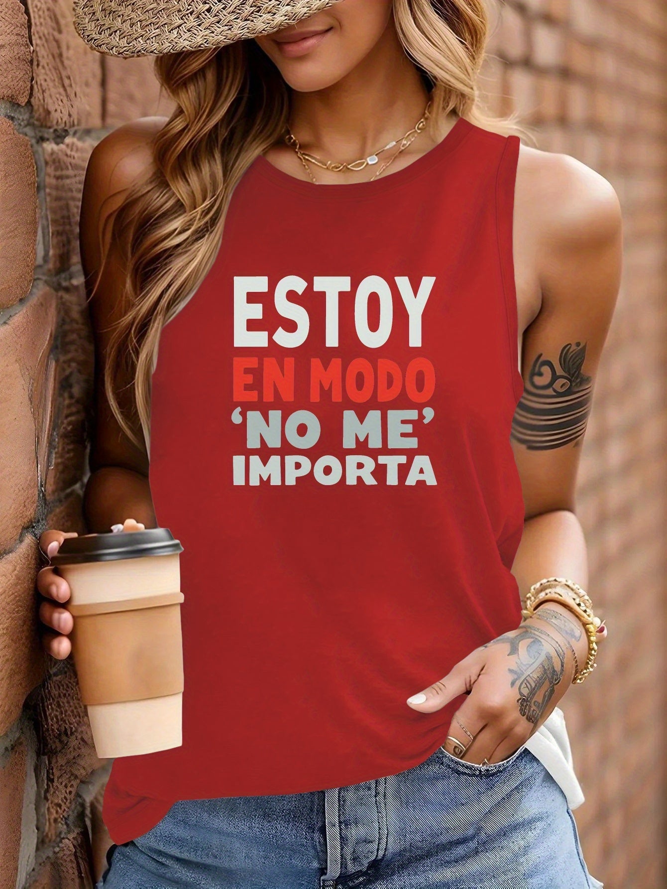 Camiseta Casual Sin Mangas para Mujer con Estampado "ESTOY EN MODO / NO ME IMPORTA"
