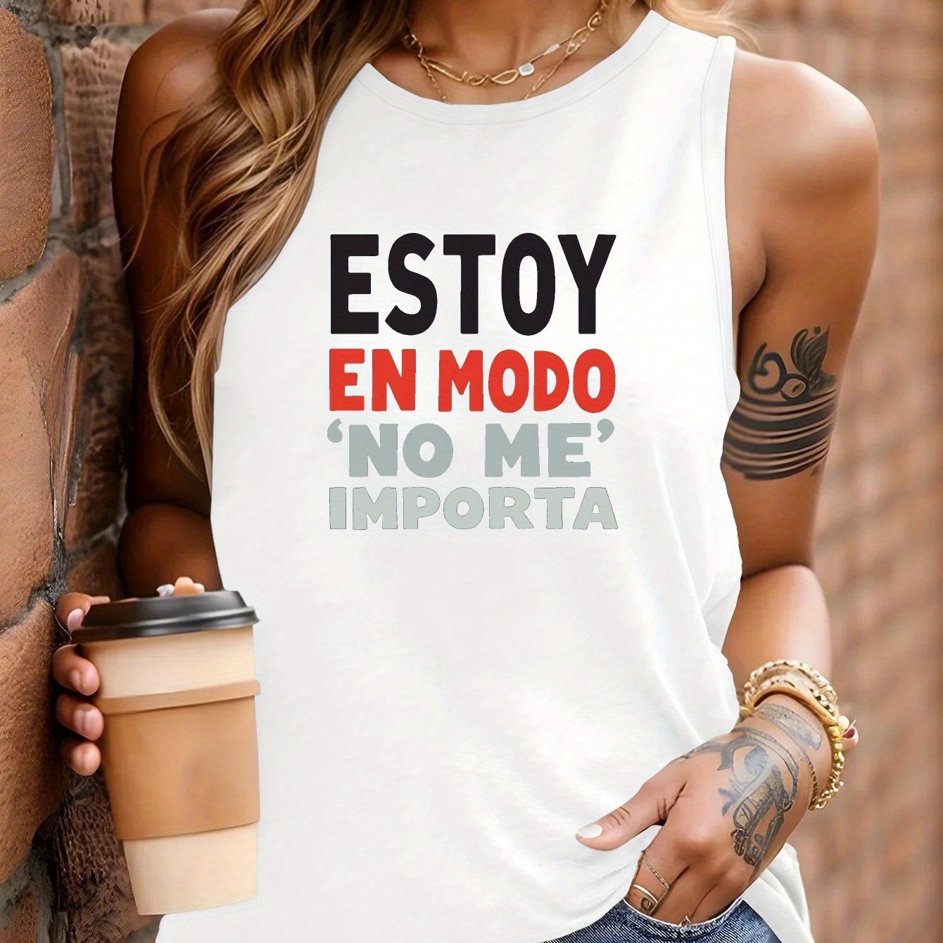 Camiseta Casual Sin Mangas para Mujer con Estampado "ESTOY EN MODO / NO ME IMPORTA"