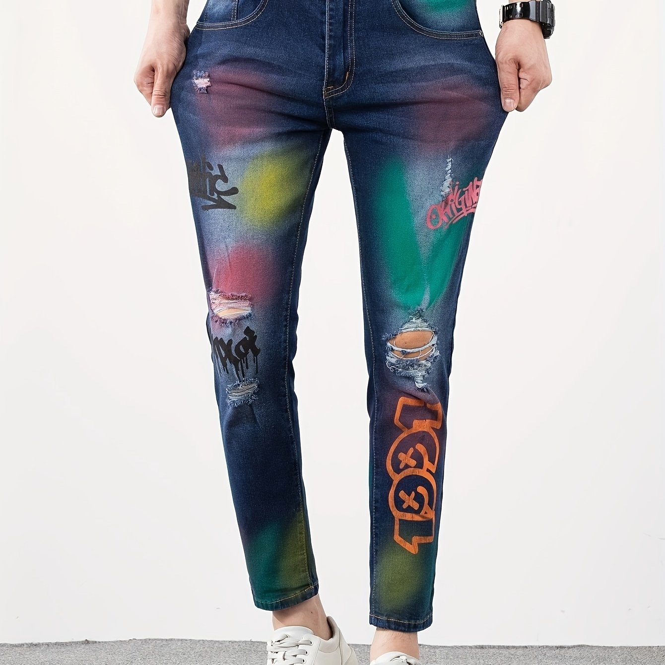 Vaqueros de Mezclilla Elásticos de Ajuste Slim Hombre con Estampado de Grafiti