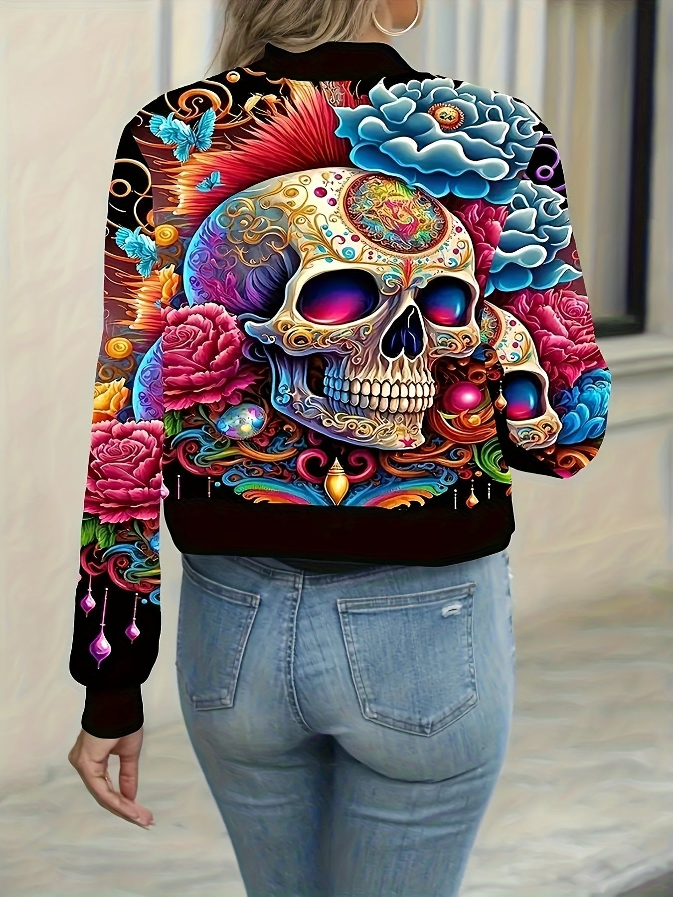 Chaqueta de piloto con cremallera y estampado de calavera mujer