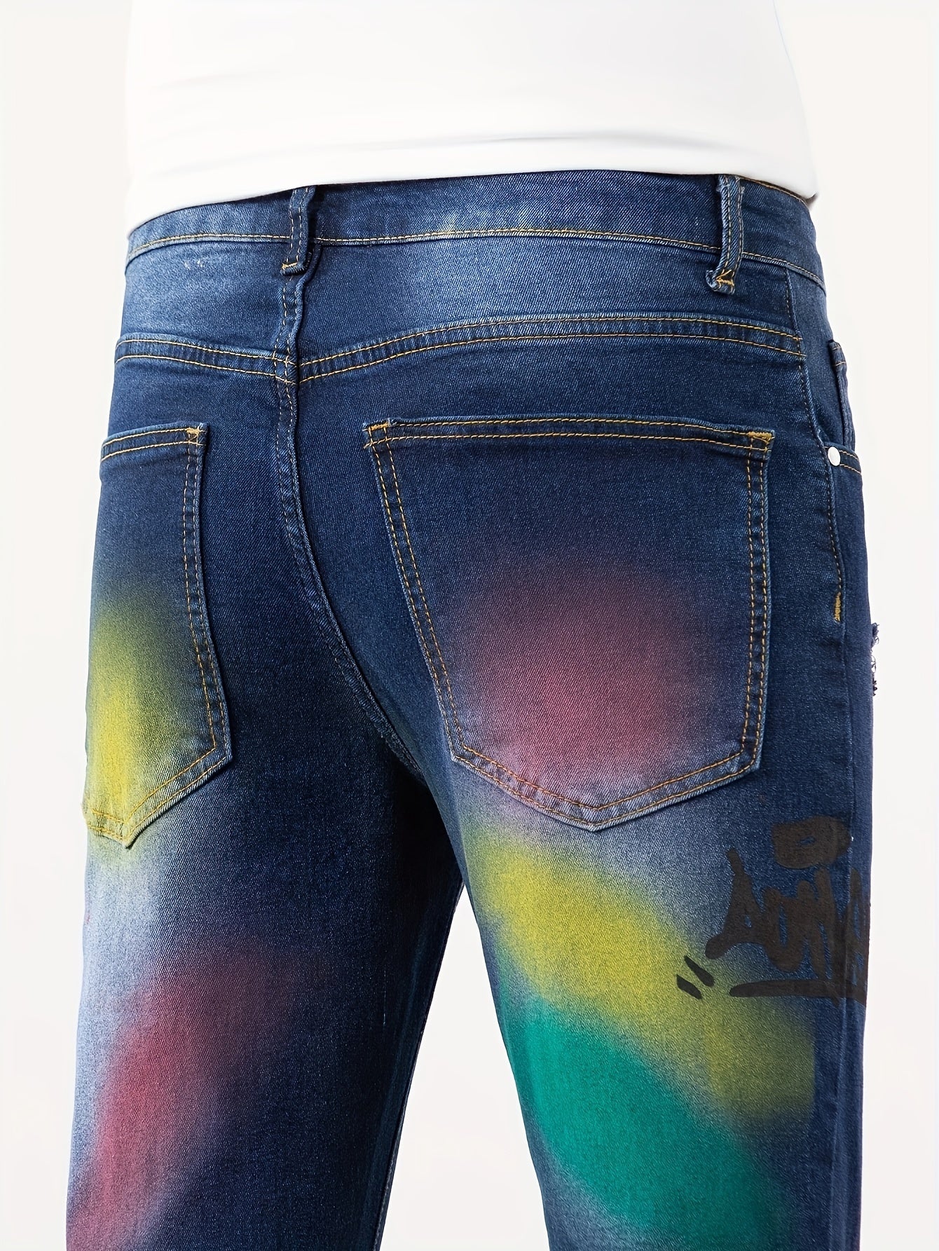 Vaqueros de Mezclilla Elásticos de Ajuste Slim Hombre con Estampado de Grafiti