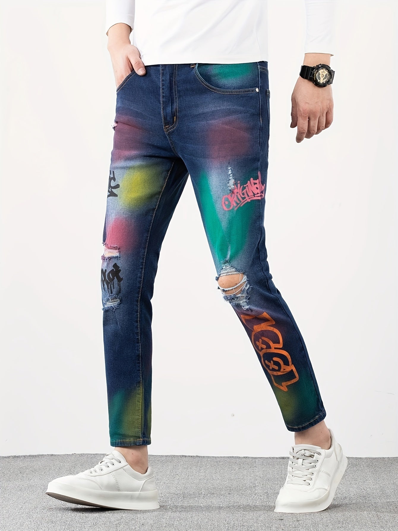 Vaqueros de Mezclilla Elásticos de Ajuste Slim Hombre con Estampado de Grafiti