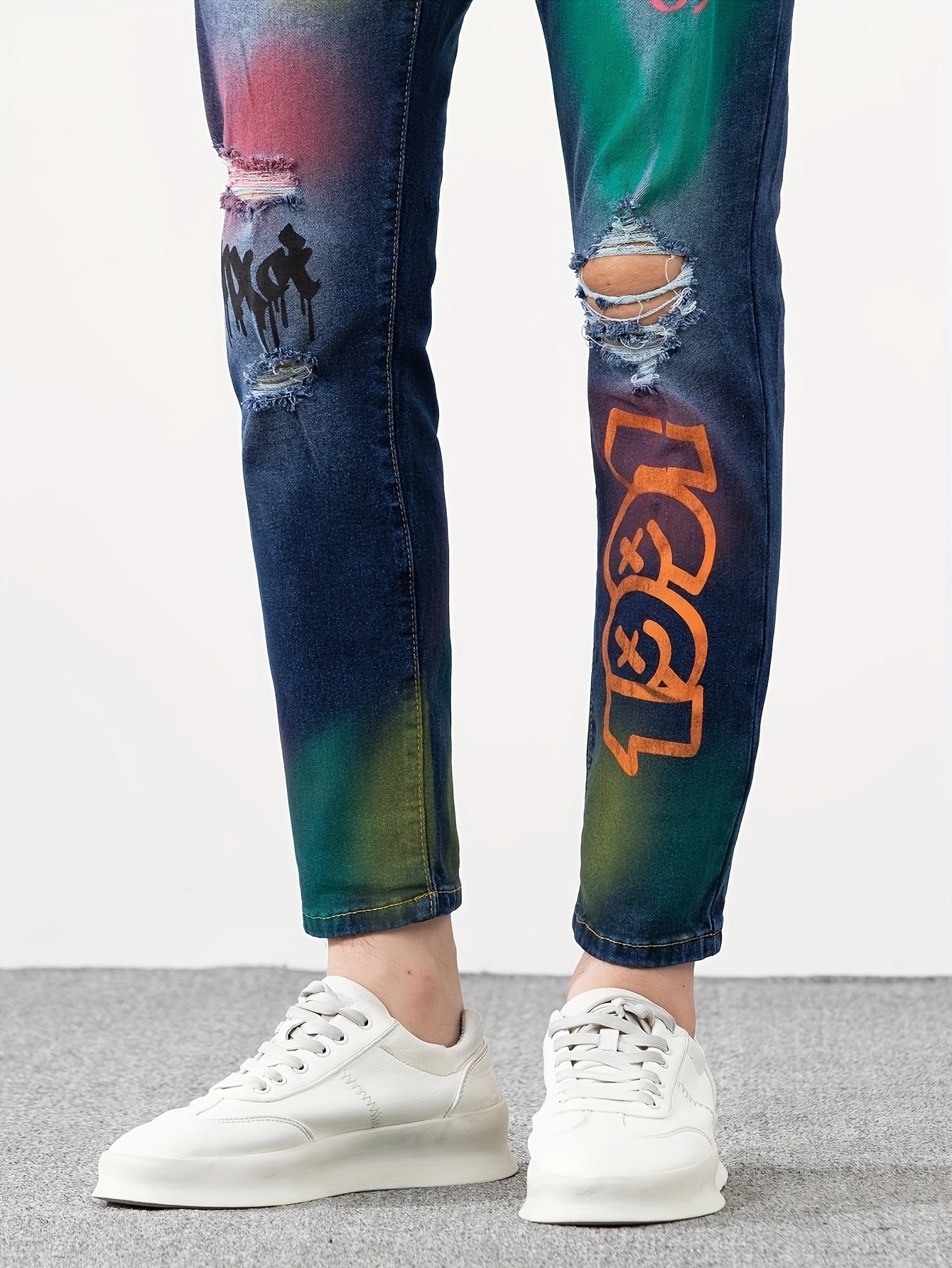 Vaqueros de Mezclilla Elásticos de Ajuste Slim Hombre con Estampado de Grafiti