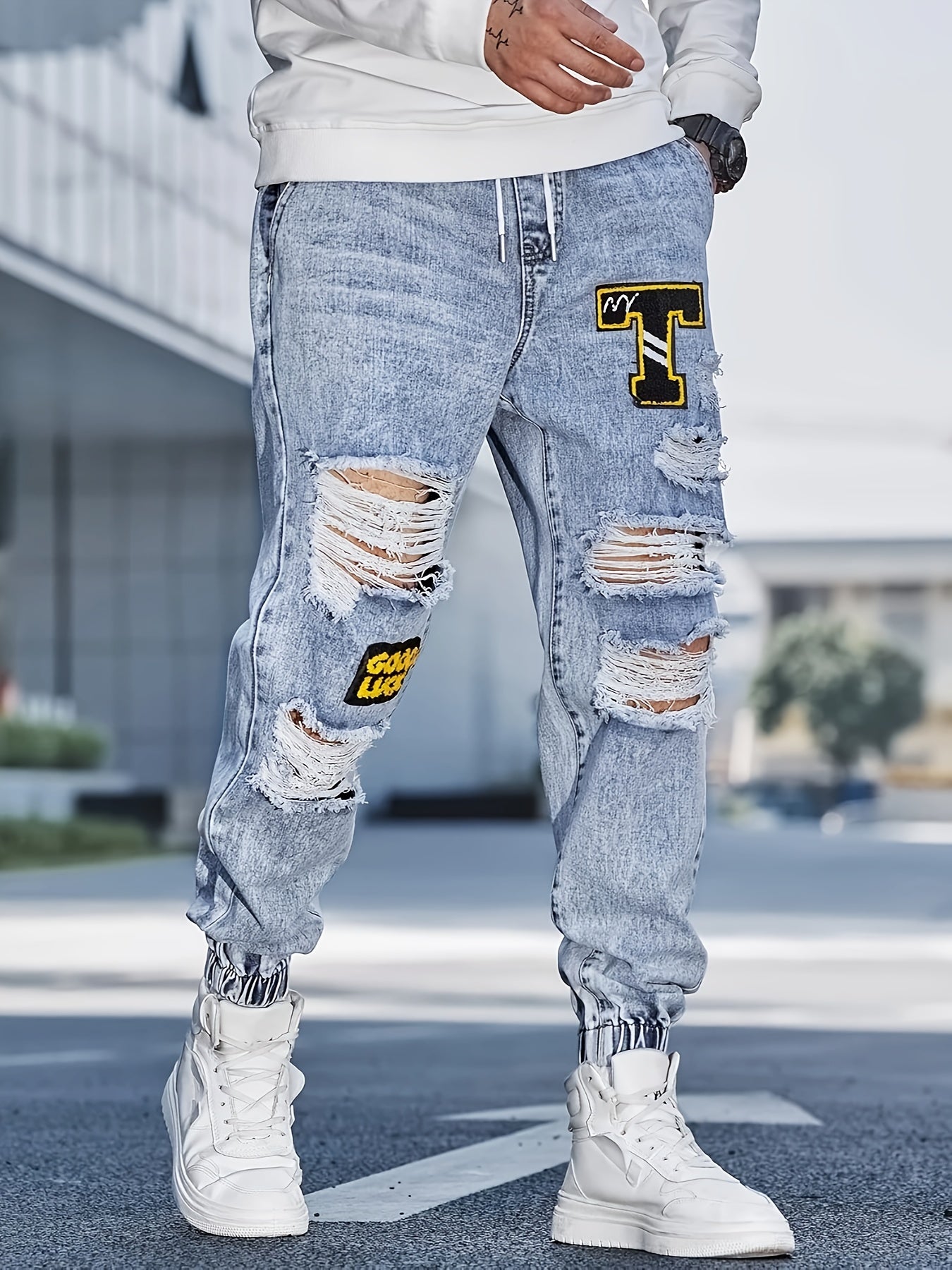 Pantalones de mezclilla sueltos  hombre con parches de rodilla rasgada