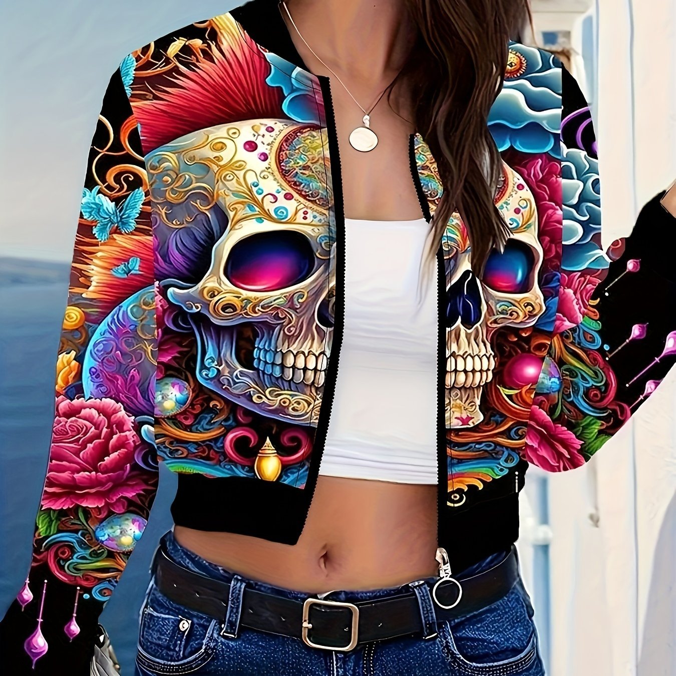 Chaqueta de piloto con cremallera y estampado de calavera mujer