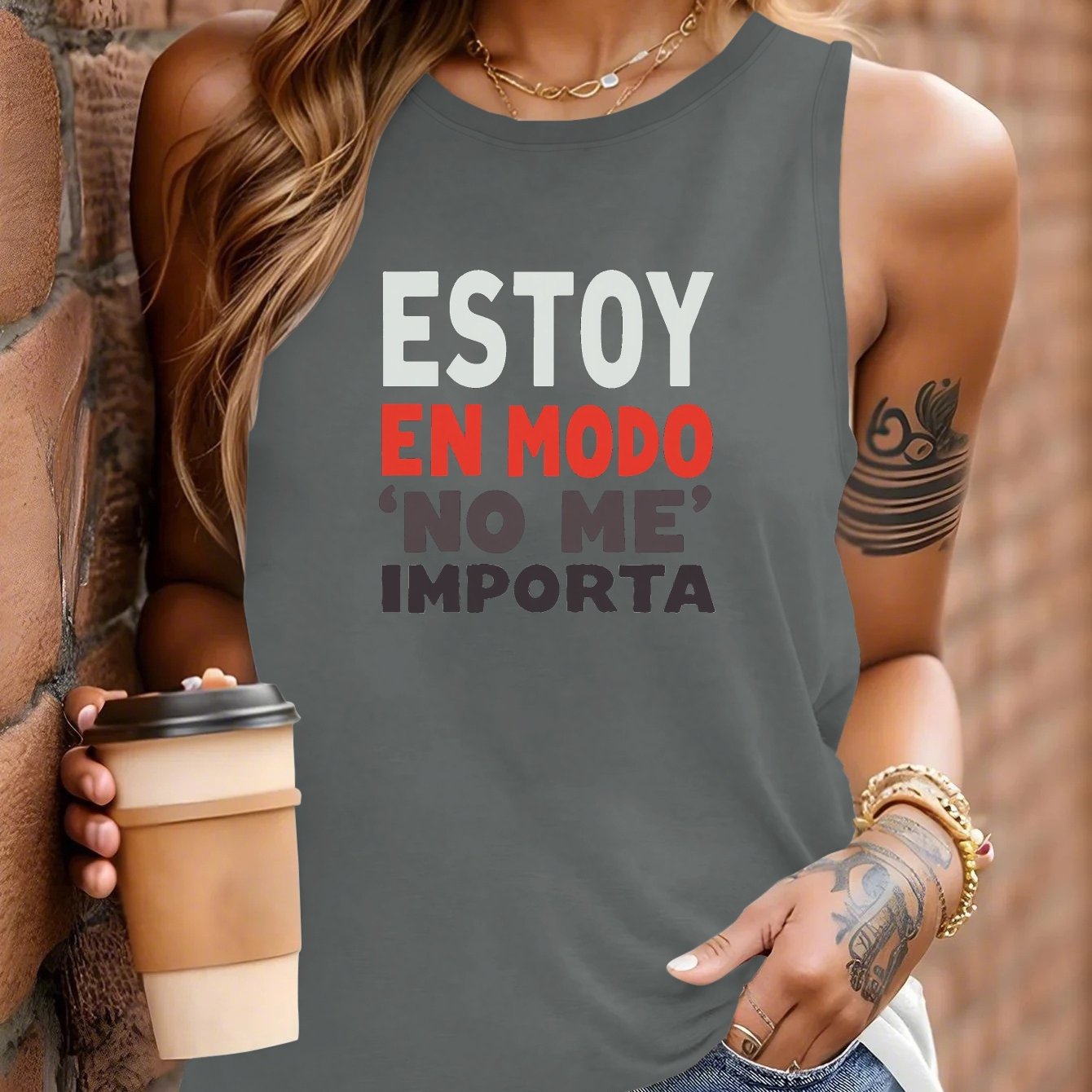 Camiseta Casual Sin Mangas para Mujer con Estampado "ESTOY EN MODO / NO ME IMPORTA"