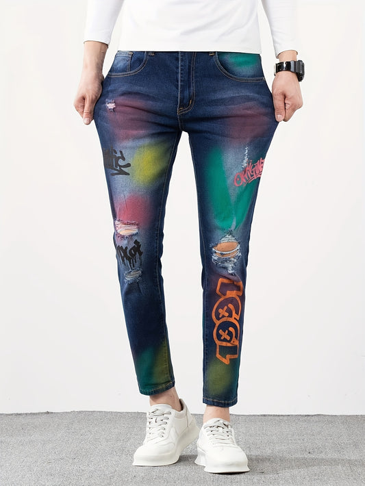 Vaqueros de Mezclilla Elásticos de Ajuste Slim Hombre con Estampado de Grafiti