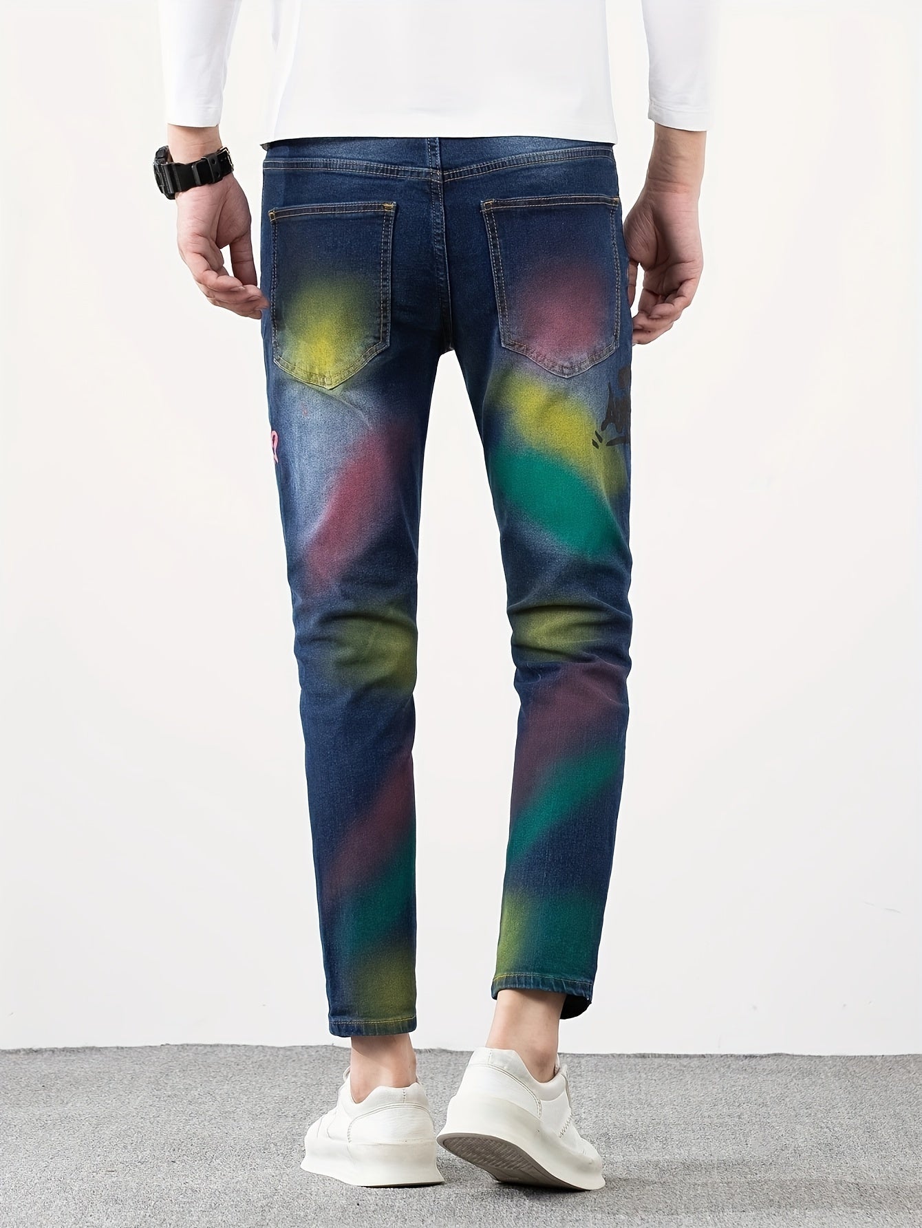 Vaqueros de Mezclilla Elásticos de Ajuste Slim Hombre con Estampado de Grafiti