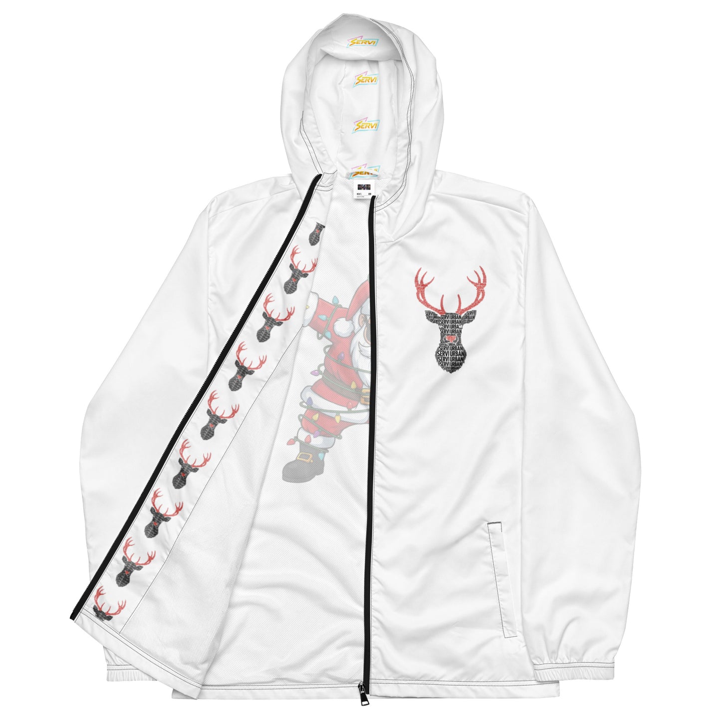 Cortavientos navideño negro Servi Go con diseño festivo exclusivo - vista frontal
