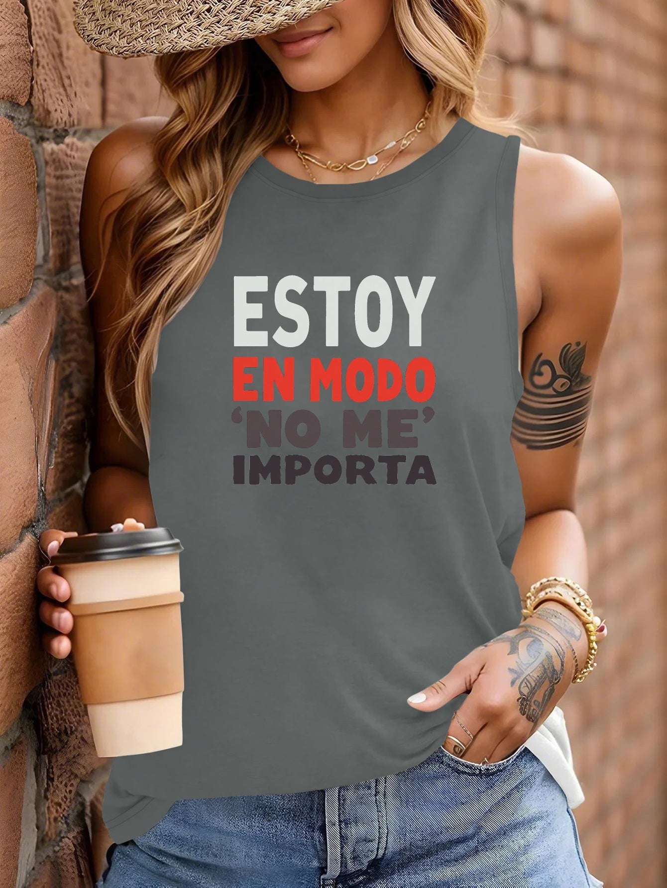 Camiseta Casual Sin Mangas para Mujer con Estampado "ESTOY EN MODO / NO ME IMPORTA"