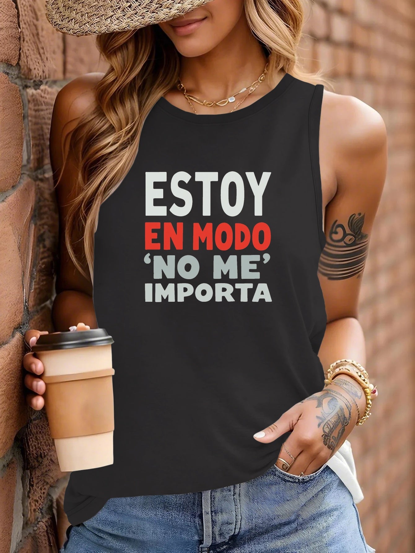 Camiseta Casual Sin Mangas para Mujer con Estampado "ESTOY EN MODO / NO ME IMPORTA"