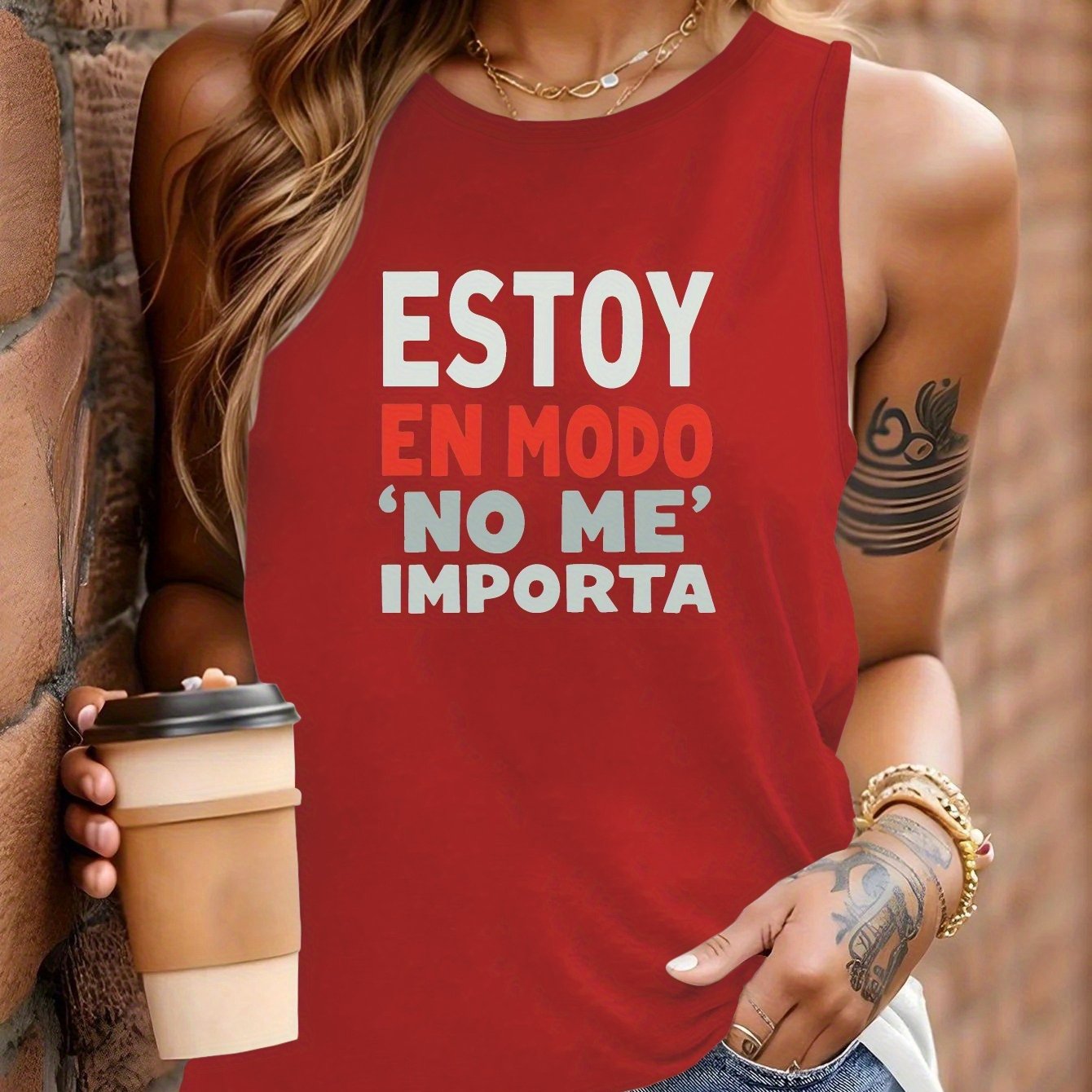 Camiseta Casual Sin Mangas para Mujer con Estampado "ESTOY EN MODO / NO ME IMPORTA"