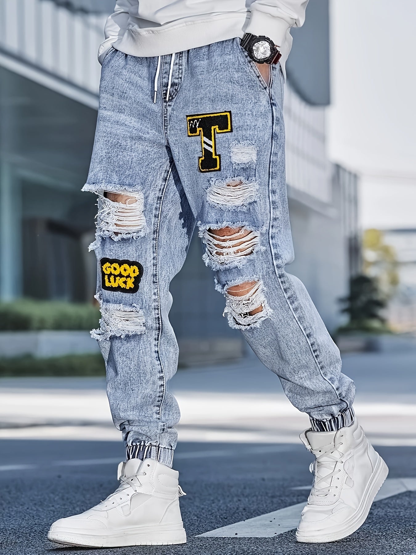 Pantalones de mezclilla sueltos  hombre con parches de rodilla rasgada