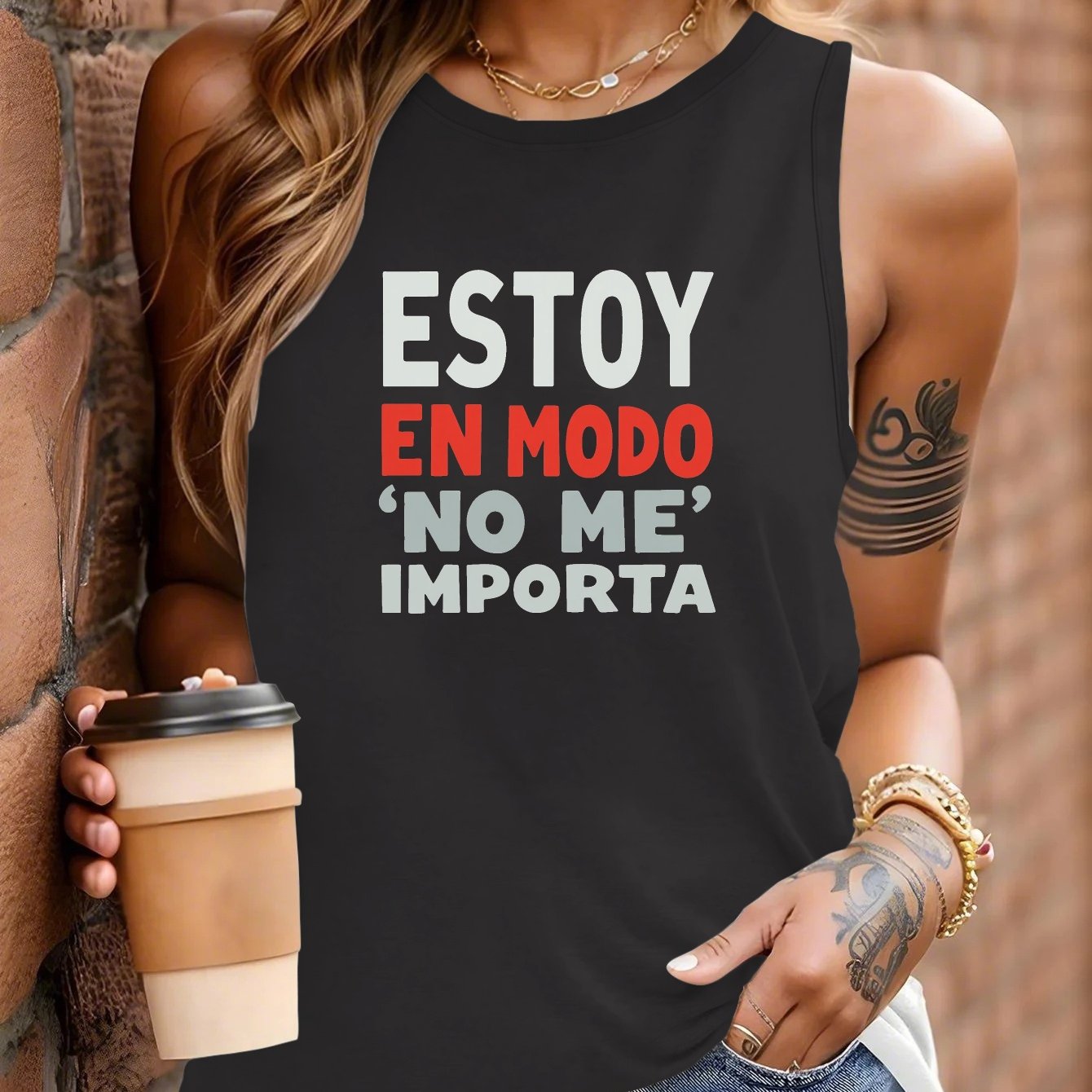 Camiseta Casual Sin Mangas para Mujer con Estampado "ESTOY EN MODO / NO ME IMPORTA"