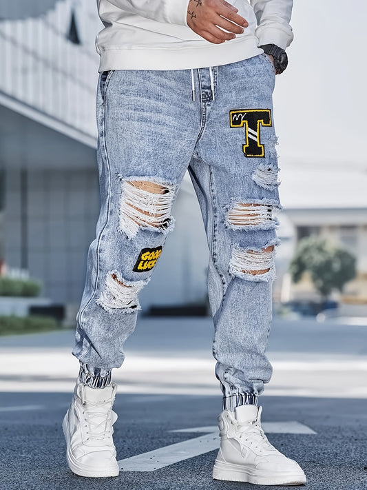 Pantalones de mezclilla sueltos  hombre con parches de rodilla rasgada